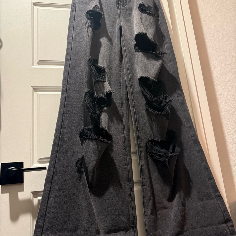 Widow XXS Black Distressed WIDE LEG baggy Jeans
